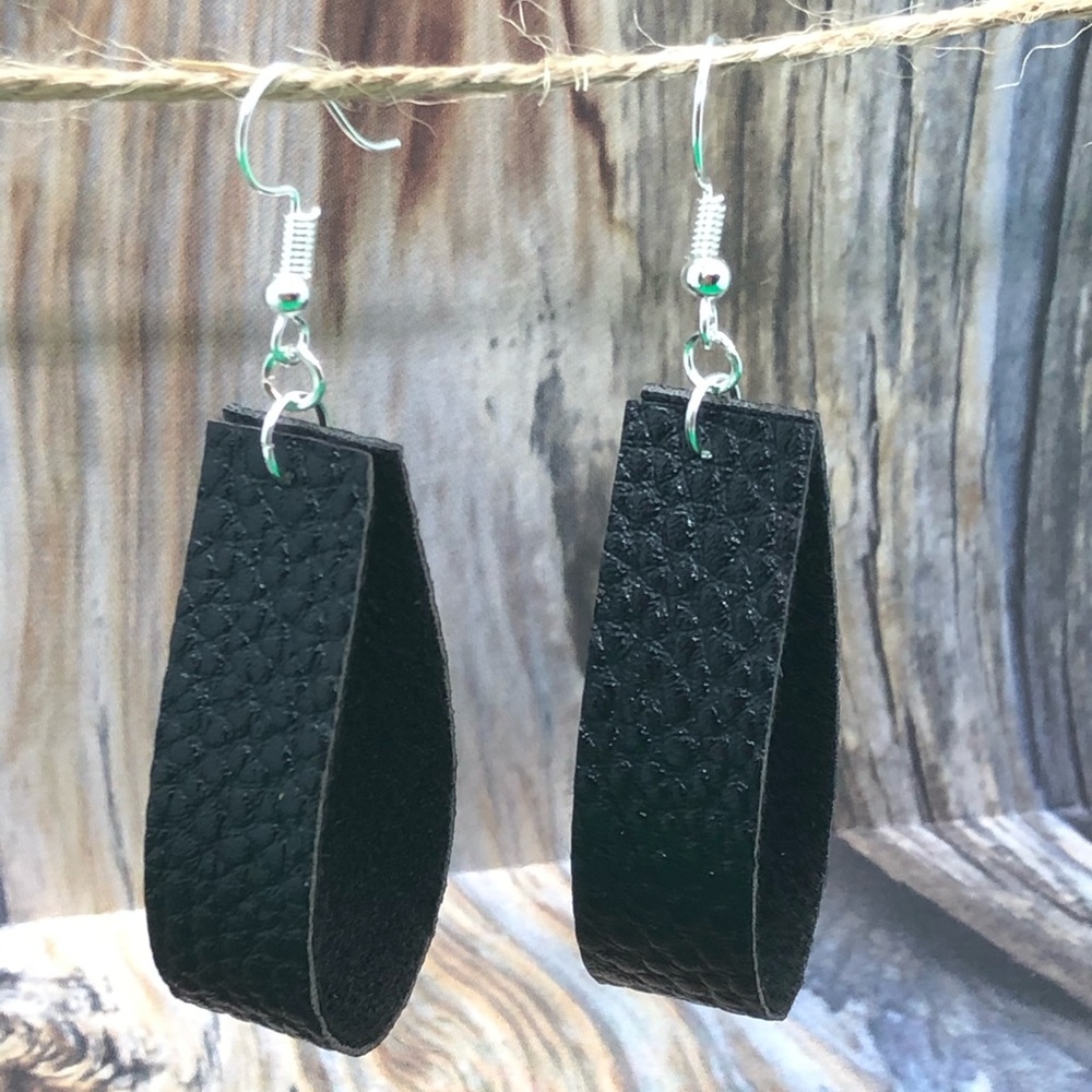 Black Loop Drop Faux Leather Earrings